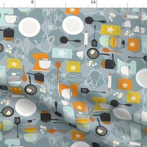 Mid Century Cooking Fabric - Mod Kitchen By Cynthiafrenette- Grey Orange Kitsch Kitchen Breakfast Cotton Fabric By The Yard With Spoonflower