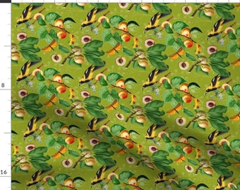 Maximalist Fabric - Yellow Bird With Peaches by the_everyday_maximalist - Botanical Stone Fruit Rotated Fabric by the Yard by Spoonflower