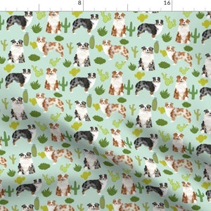 Australian Shepherds Fabric Dogs Cute Cactus Mint Blue Red Merle Aussie Dog By Petfriendly Cotton Fabric by the Yard with Spoonflower image 1