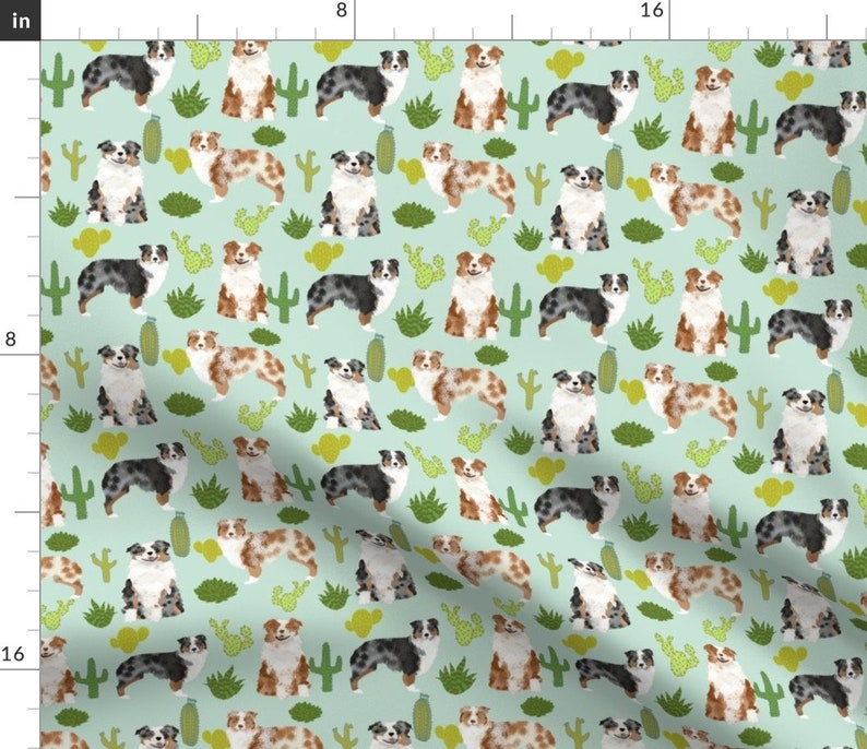 Australian Shepherds Fabric Dogs Cute Cactus Mint Blue Red Merle Aussie Dog By Petfriendly Cotton Fabric by the Yard with Spoonflower image 1