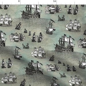 Vintage Boat Fabric - Pirate Ships Grey Stormy Sea By Teja Jamilla - Vintage Nautical Boat Decor Cotton Fabric By The Yard With Spoonflower