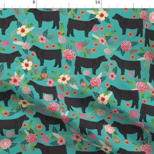 Steer Blue Floral Fabric - Steer Floral Show Cows Barn Turquoise By Petfriendly - Farm Animal Cotton Fabric By The Yard With Spoonflower
