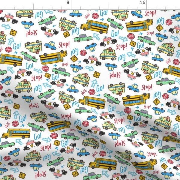 Kids Cars Fabric - White Road By Landpenguin - School Bus Ice Cream Truck Cop Car Stop Sign Cotton Fabric By The Yard With Spoonflower