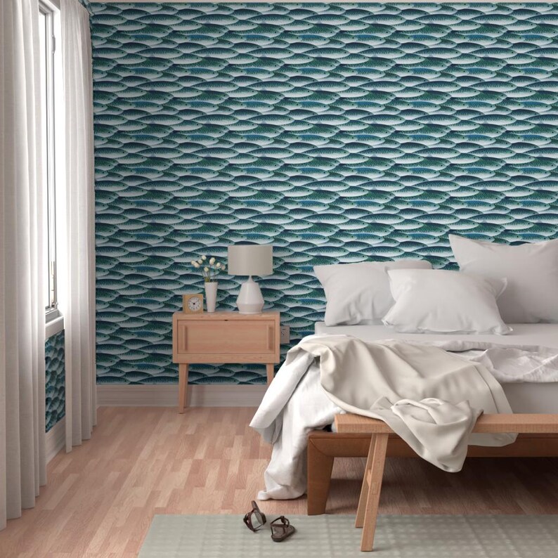 Fisch-Tapete - Meer von Spellstone - Fisch-blauen Schuppen Sportler Angeln Individuell bedruckte entfernbare selbstklebende Tapetenrolle von Spoonflower Bild 5