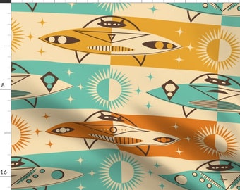 Retro Fabric - Retro Space Cruisin' by wolflingblue - Spaceship Ufo Cat Black Cat Space Sun Mcm Aqua Beige Fabric by the Yard by Spoonflower