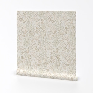 « Papier peint amovible fleurs neutres - Floral beige clair dessiné à la main - Art mural déco murale - Floral crème » par birchcreativeco