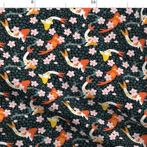 May include: A seamless pattern featuring orange and white koi fish swimming in a dark blue pond with pink cherry blossoms. The fish are stylized and have a cartoonish appearance.