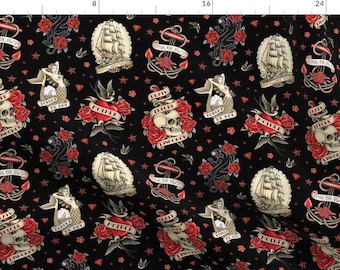 Traditional Tattoo Fabric - Old School Tattoo Black By Crixtina - Old School Skull Rockabilly Cotton Fabric By The Yard With Spoonflower