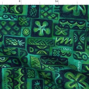 Turquoise Tiki Fabric - Green Flower By Woodyworld - Green Blue Vintage Tropical Tiki Floral Cotton Fabric By The Yard With Spoonflower