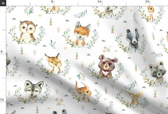 Woodland Apparel Fabric - Woodland Animals Nursery- Style A Large  by gingerlous - Animal Faces Bear Fox Deer Clothing Fabric by Spoonflower