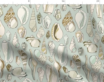 Blue Shells Illustration Beach Fabric - Shells - Aqua By Fernlesliestudio - Shells Nautical Cotton Fabric By The Yard With Spoonflower