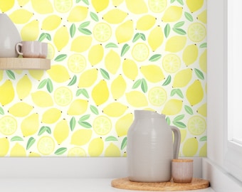 Lemon Wallpaper - Summer Lemons By Tangerine-Tane - Lemon Kitchen Decor Custom Printed Removable Self Adhesive Wallpaper Roll by Spoonflower