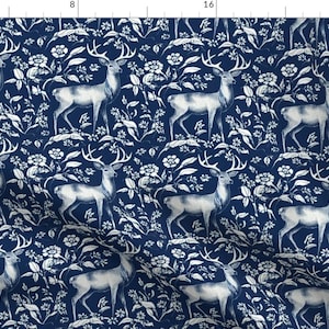 Woodland Deer Fabric - Stag On Navy by kedoki - Elk Buck Small Scale Blue White  Fabric by the Yard by Spoonflower