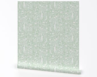 Nursery Wallpaper - Hare Linocut By Andrea Lauren - Pastel Green Baby Mint Forest Cute Removable Self Adhesive Wallpaper Roll by Spoonflower