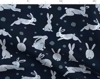 Indigo Rabbits Fabric - Snow Hare by achiachodesign - Dark Blue Bunny Snow Hare Winter Animals Nursery Fabric by the Yard by Spoonflower