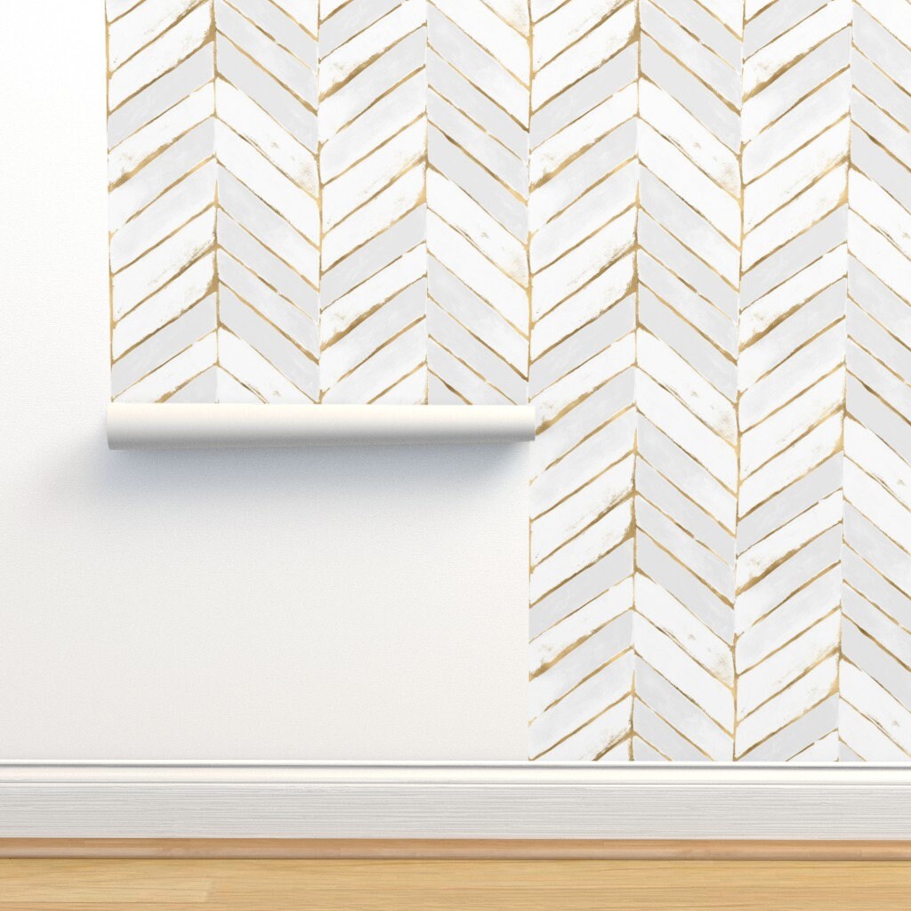 Removable Water-Activated Wallpaper Chevron White Gold Herringbone 