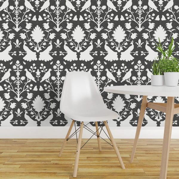 Papel de Parede Damask Birds - Oiseaux em Cinza Escuro da Willowlanetextiles - Rolo de Papel de Parede Autoadesivo Removível com Impressão Personalizada da Spoonflower