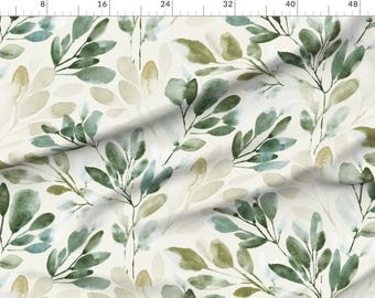 Tecido de cetim extra largo em aquarela com estampa botânica de folhas, natureza e jardim, vendido por metro, com raminhos de folhas jumbo, da sara_swanson_design