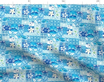 Tiki Fabric - New Hawaiian Motif - Blue By Madtropic - Tiki Mod Blue Tropical Summer Island Cotton Fabric By The Yard With Spoonflower