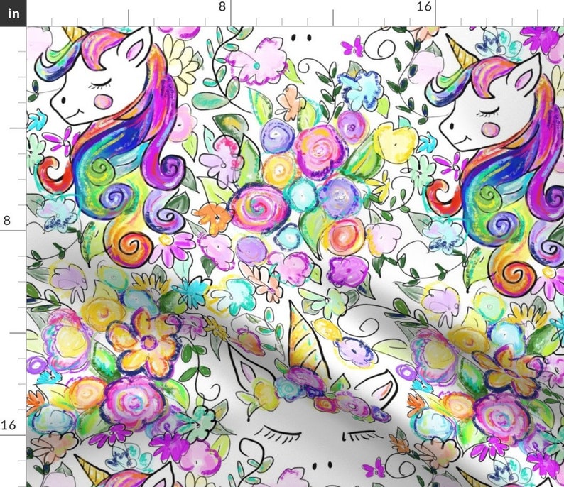 Unicorn Fabric Fabric Rainbow Unicorns Flowers By Etsy