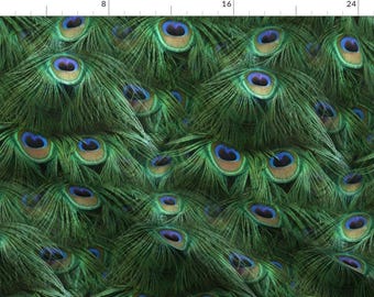 Green + Blue Peacock Feathers Fabric - Tale Of The Peacock Tail By Peacoquettedesigns - Feathers Cotton Fabric By The Yard With Spoonflower