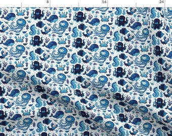 Blue and White Nautical Fabric - Ocean Life By Penguinhouse - Whale, Octopus, Nautical Blue Cotton Fabric By The Yard With Spoonflower