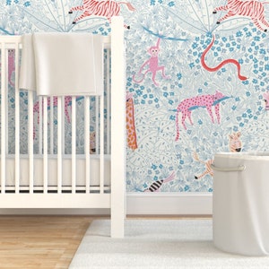 Nursery Wallpaper - Whimsical Safari By Vivdesign - Blue White Circus Animals Baby Boy Removable Self Adhesive Wallpaper Roll by Spoonflower
