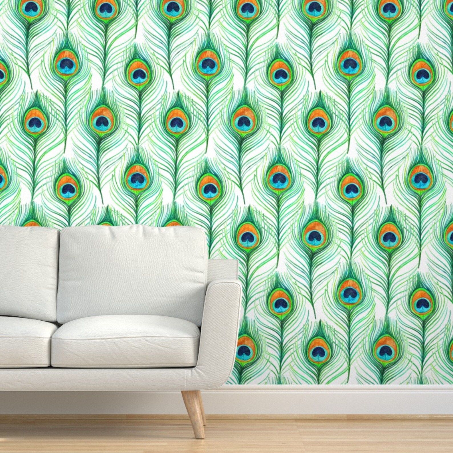 Peacock Wallpaper Emerald Watercolor Peacock Feathers on - Etsy