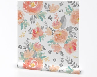Floral Wallpaper - 21" Coral Gray And Mint Florals White By Shopcabin - Custom Printed Removable Self Adhesive Wallpaper Roll by Spoonflower
