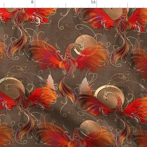 Phoenix Fabric - Phoenix- The Firebird By Mido Studio - Phoenix Red Orange Brown Fire Myth Folk Cotton Fabric By The Yard With Spoonflower