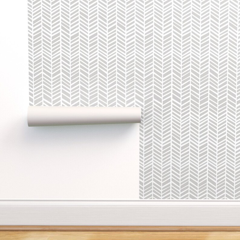 Herringbone Wallpaper Herringbone Medium Light Grey By Etsy