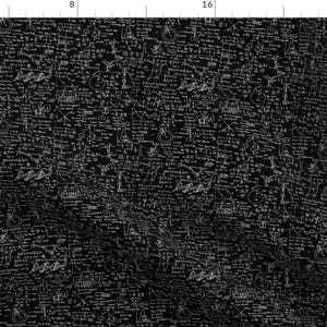 May include: Black fabric with a white pattern of mathematical equations, formulas, and symbols. The pattern is dense and covers the entire fabric.