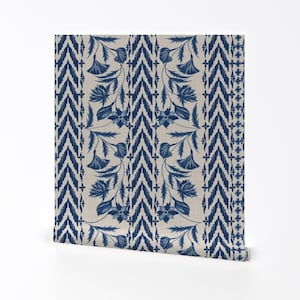 May include: Blue and white patterned fabric with a chevron design and floral motifs. The fabric has a linen texture.