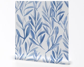 Papel pintado botánico - Ramas azules cobalto de Katchu - Rollo de papel pintado autoadhesivo extraíble impreso a mano pintado a mano de Spoonflower
