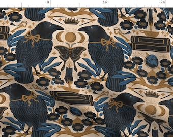 Crow Fabric - The Crow Knows by nanshizzle - Raven Celestial Moth Sun Moon Floral Dark Academia Gothcore  Fabric by the Yard by Spoonflower