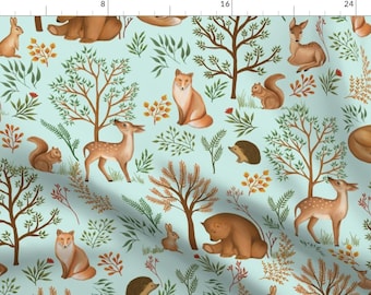 Woodland Fabric - Forest Friends By Unalome Designs - Green Brown Animals Nursery Kids Fox Deer Cotton Fabric By The Yard With Spoonflower
