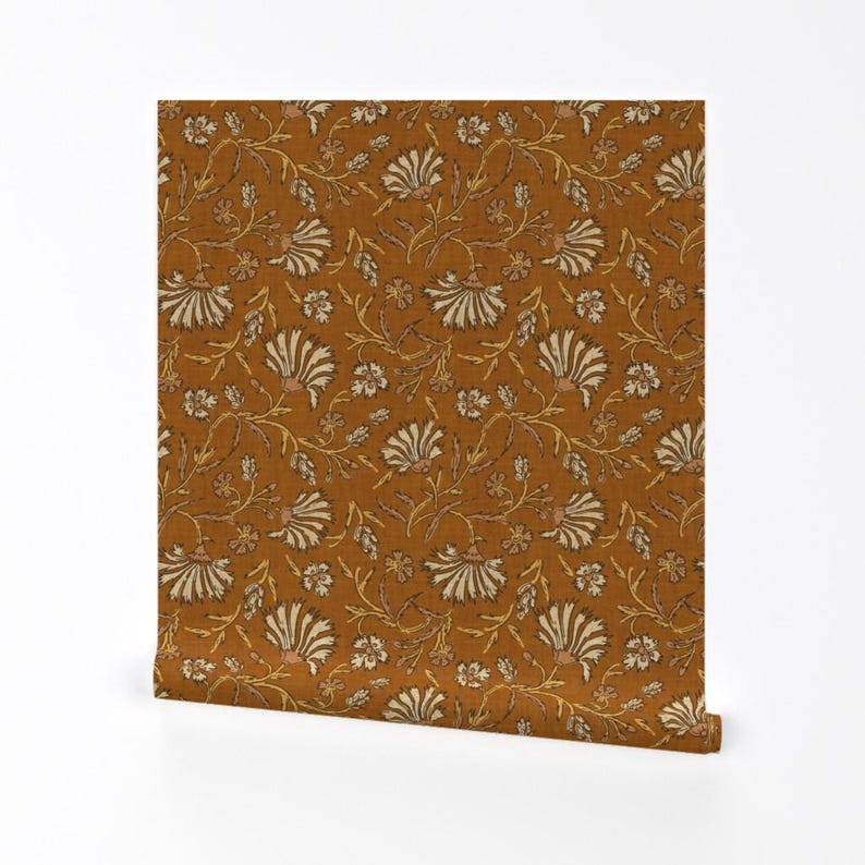 Floral Wallpaper - Kalami Floral Mustard By Holli Zollinger - Linen Look Custom Printed Removable Adhesive Wallpaper Roll by Spoonflower image 2