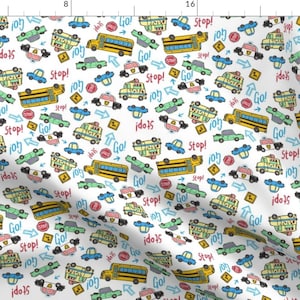 Kids Cars Fabric - White Road By Landpenguin - School Bus Ice Cream Truck Cop Car Stop Sign Cotton Fabric By The Yard With Spoonflower