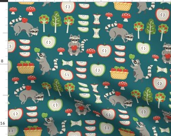 Raccoons Fabric - Apple Bandits In Teal By Pinkowlet - Woodland Animal Fruits Kawaii Kids  Cotton Fabric By The Yard With Spoonflower