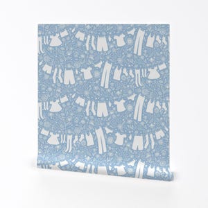 Laundry Room Removable Peel and Stick Wallpaper -  Line Drying Cornflower Blue Pastel - Wall Art Wall Decor - Laundry Day by 3rittanylane