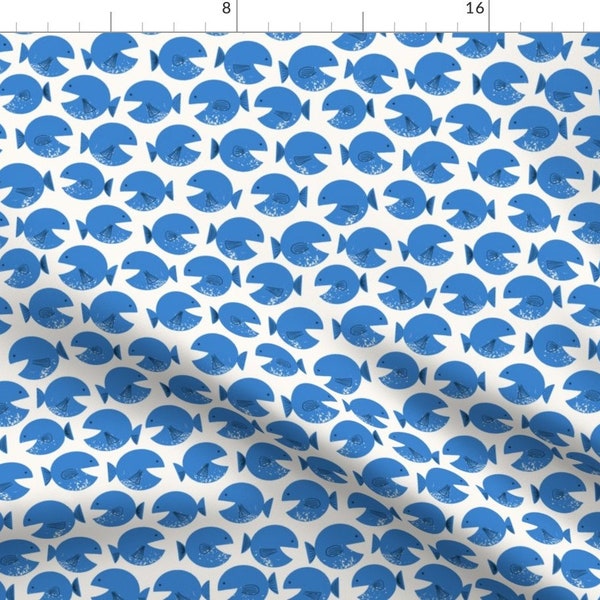 Whimsical Blue Fish Fabric - Puffer Fish  by lennyellendesign - Coastal Fun Cute Happy Cheerful Nautical Fabric by the Yard by Spoonflower