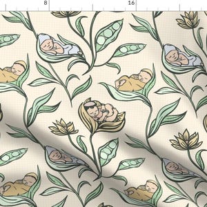 May include: A seamless pattern featuring a light beige background with a repeating design of sleeping babies nestled in green pea pods and yellow flowers. The babies are drawn in a simple, cartoon style with closed eyes and are surrounded by green leaves and stems.