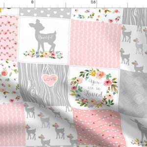 Cheater Quilt Pink Fabric - Deer Cheater Quilt Wholecloth – You Are So Loved – Gray Blush Peach Fawn Baby Girl Patchwork By Gingerlous
