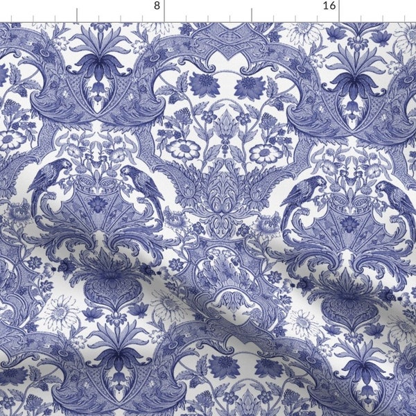 Damask Fabric - Parrot Damask ~ Blue And White By Peacoquettedesigns - Damask Blue White Parrot Cotton Fabric By The Yard With Spoonflower