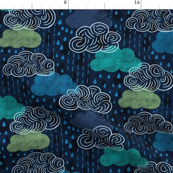 Rain Fabric - Rainy Day Clouds By Creativeinchi - Rain Blue Weather Meteorology Sky Nursery Baby Cotton Fabric By The Yard With Spoonflower