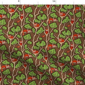 May include: A seamless pattern featuring red pandas sleeping in green trees on a brown background.