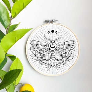 Moth Embroidery Template on Cotton - Moon Luna Moth By Moonflora Art - Boho Embroidery Pattern for 6" Hoop Custom Printed by Spoonflower