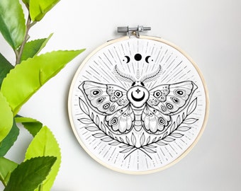 Moth Embroidery Template on Cotton - Moon Luna Moth By Moonflora Art - Boho Embroidery Pattern for 6" Hoop Custom Printed by Spoonflower