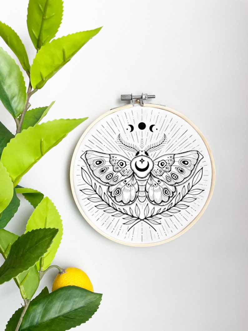 Moth Embroidery Template on Cotton Moon Luna Moth By Moonflora Art Boho Embroidery Pattern for 6 Hoop Custom Printed by Spoonflower image 1