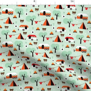 Camper Fabric - Retro Camping by LittleSmileMakers -Mint Orange Woodland Camping Vacation Teepee Cotton Fabric by the Yard with Spoonflower